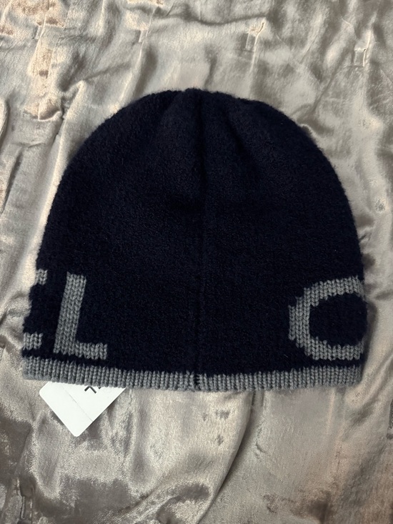 CHANEL Navy and Light Gray Knit Logo Beanie